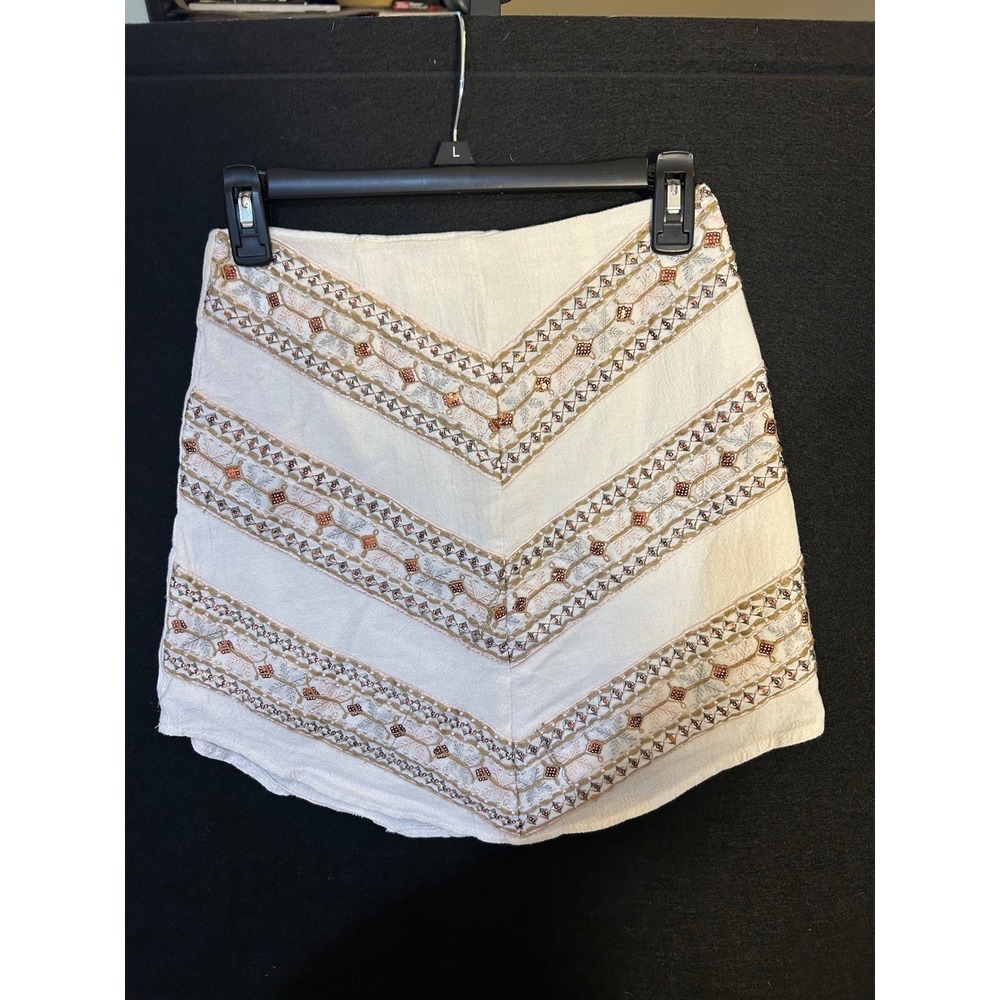 Boho Chevron Embroidered White Mini Skirt Size Sm Linen Hippie Western Chic